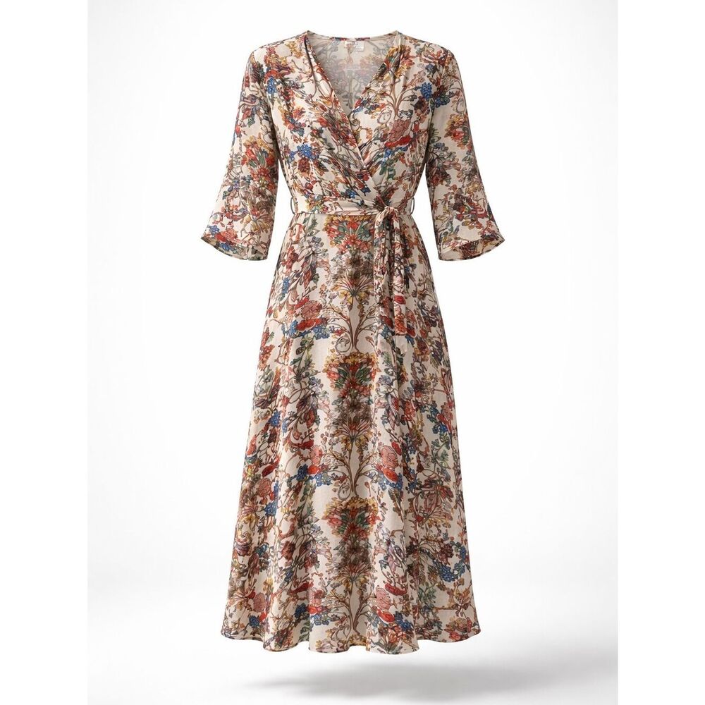 Hayden Cream Floral Midi Wrap Dress with Blue and Rust Blooms